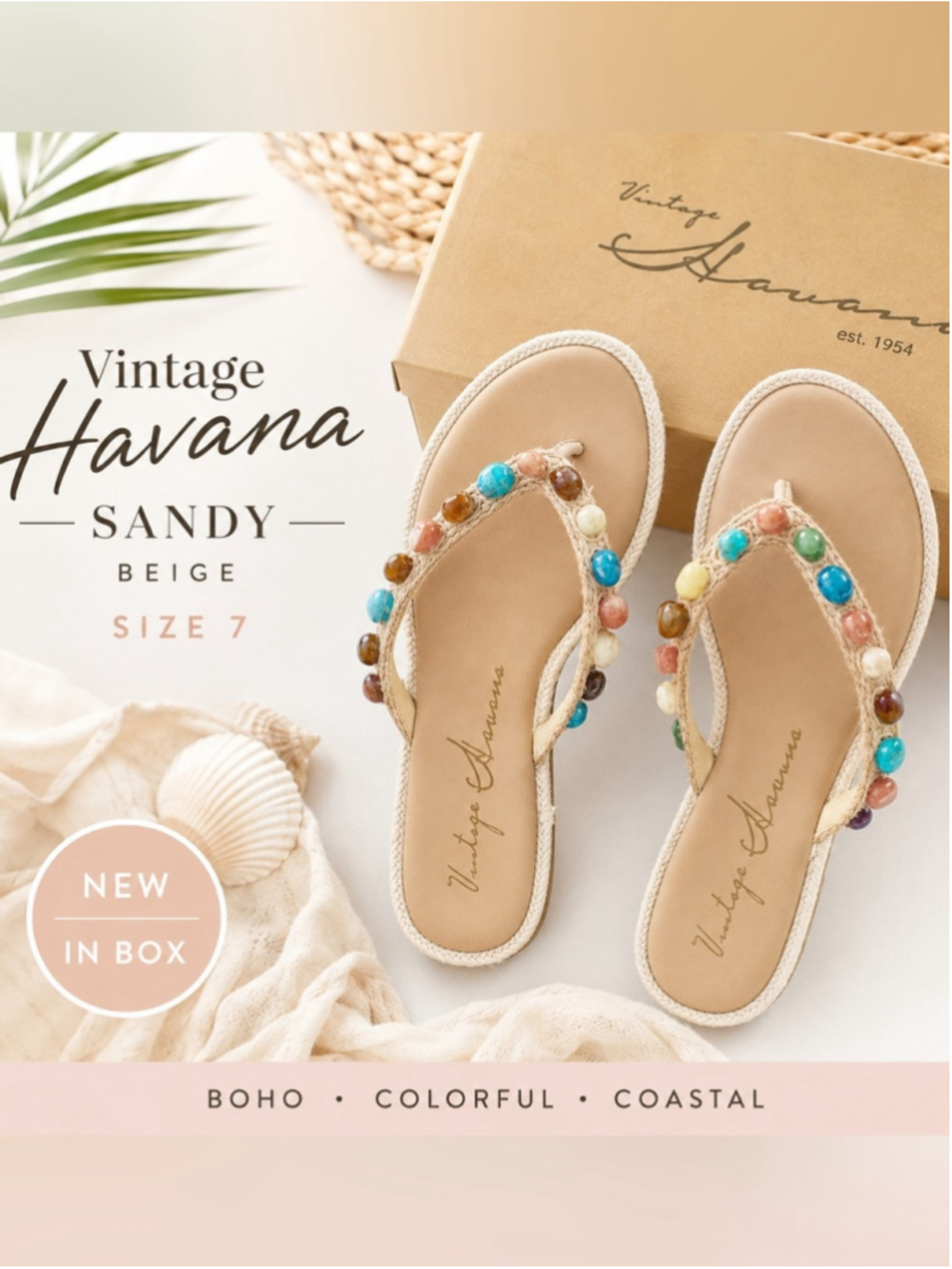 Vintage Havana Sandy Beige Beaded Thong Sandals NIB Size 7